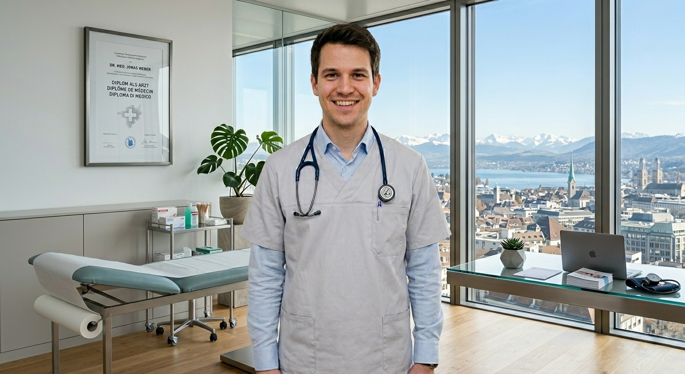 Hausarzt in moderner Praxis mit Blick auf eine Schweizer Stadt